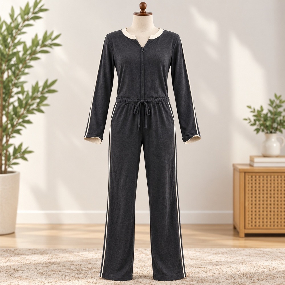 LA Relaxed Zip Front Jumpsuit XXL Black Cream Stripe Long Sleeve Loungewear